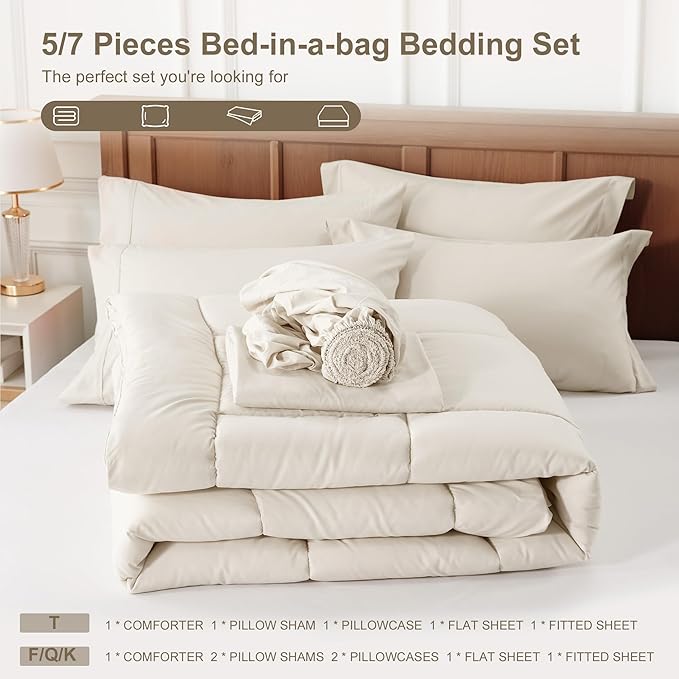 Newspin Queen Comforter Set Beige - Bed in a Bag Queen Size 7 Pieces, All Season Bed Set, Fluffy Comforter Set with Sheets, Sheet Set Quilt Blanket, Pillowcases & Shams