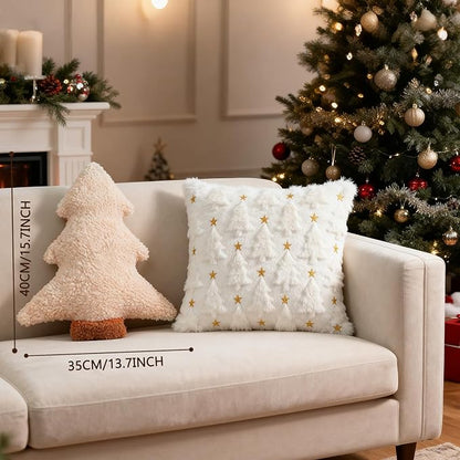 Artmag Christmas Pillows, Decorative Christmas Tree Pillow Stuffed Tree Shaped Plush Pillow for Holiday Party Sofa Living Room Decoration (15.5" x 14.5", Beige)