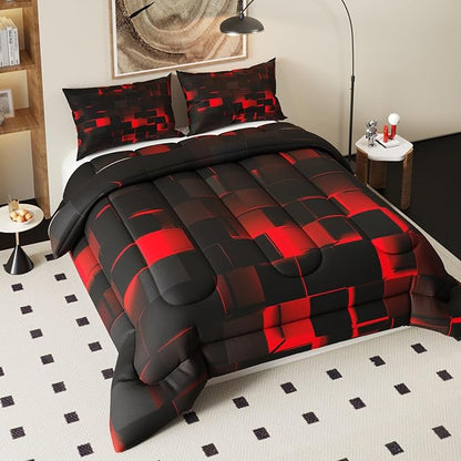 Red Black Comforter Set, Light Honeycomb Theme 3D Pattern for Kids Teens Adults,Decorative Bedding Comforter Sets with 2 Pillow Shams, Full Size