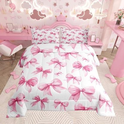 Feelyou Pink Bow Kids Comforter Set Full Size Cute Bowknot Bedding Set Princess Decor Duvet Quilt for Kids Boys Girls Bedroom Kawaii Decor Microfiber Ultra Soft Breathable