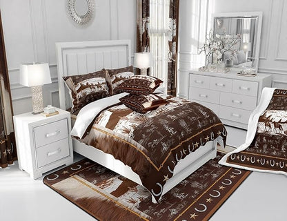 Feelyou Western Aztec Comforter Set Full Size Horse Cowboy Bedding Set for Boys Men Kids Teens Rustic Western Decor Country Wild West Down Comforter Brown and White Duvet Set with 2 Pillowcase