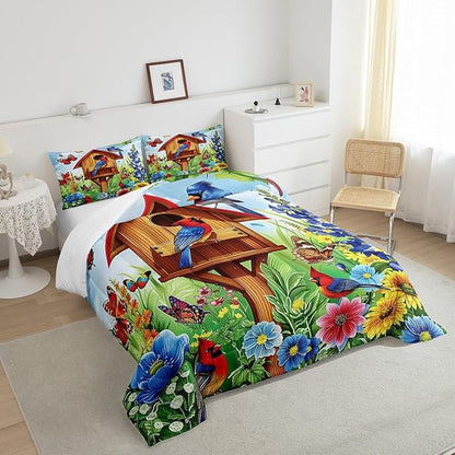 Erosebridal Cardinal Hummingbird Comforter King,Spring Garden Style Floral Comforter Set Rustic Butterfly Botanical Flower Bedding Set Country Farmhouse Bed Set Pastoral Nature Home Decor