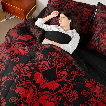 Erosebridal Gothic Damask 7 Piece Comforter Set Full Bed in a Bag,Halloween Bat Bedding Sets Red Black Victorian Floral Goth Sheet Set with Comforter