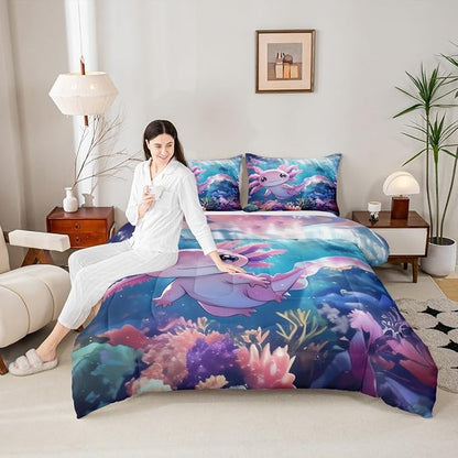 Erosebridal Kawaii Axolotl Comforter Set for Kids Boys and Teens Room, Salamander Animal Bedding Set Toddler Size, Ocean Life Down Comforter,Underwater World Sea Animal Quilt, Breathable Room Decor