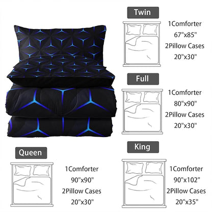 Geometric Blue Argyle Comforter Set,Triangle Honeycomb 3 PCS Bedding Set Twin Size for Teen Adult,Modern Quilt Set Geometry Decor,Microfiber Lightweight 1 Comforter 2 Pillowcases