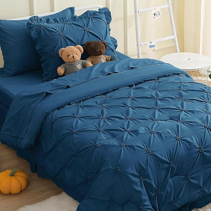 JOLLYVOGUE Teal Twin Size Comforter Sets 5 Pieces, Pintuck Bed in a Bag Comforter Set for Bedroom, Bedding Comforter Sets with Comforter, Sheets,Ruffled Shams & Pillowcases