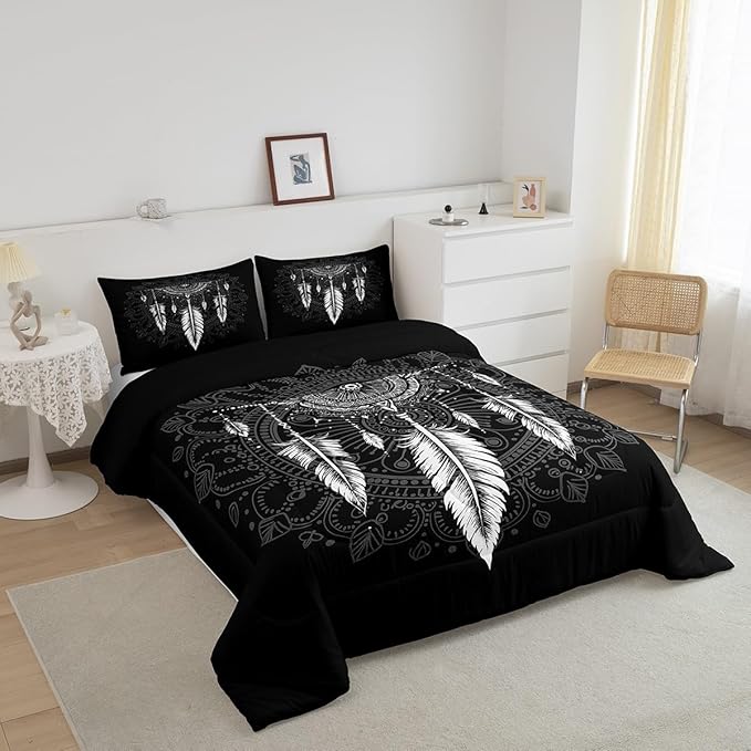 Erosebridal Dream Catcher Comforter Set Queen Size, Boho Feather Bedding Set, Mandala Quilt Set for Kids Boys Girls Teens, Arrow Geometric Aztec Duvet Set, Black White Bedroom Decor