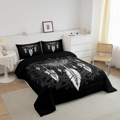 Erosebridal Dream Catcher Comforter Set Queen Size, Boho Feather Bedding Set, Mandala Quilt Set for Kids Boys Girls Teens, Arrow Geometric Aztec Duvet Set, Black White Bedroom Decor