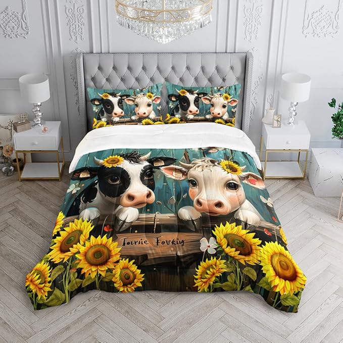 Cute Cow Print Comforter Set Queen Size Sunflower Highland Cow Bedding Set Farm Animals Cow on Fence Quilt Bed Set with 1 Comforter and 2 Pillowcases for Kids Boys Girls Room Decor, D-cow2