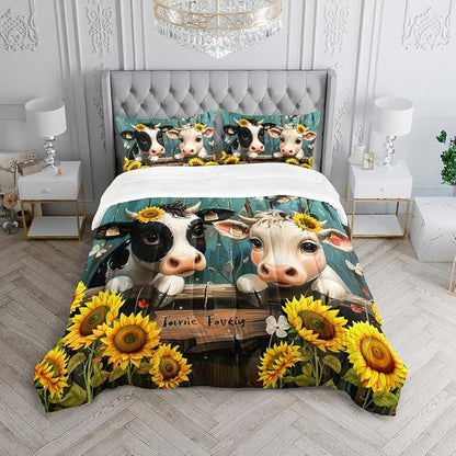 Cute Cow Print Comforter Set Queen Size Sunflower Highland Cow Bedding Set Farm Animals Cow on Fence Quilt Bed Set with 1 Comforter and 2 Pillowcases for Kids Boys Girls Room Decor, D-cow2