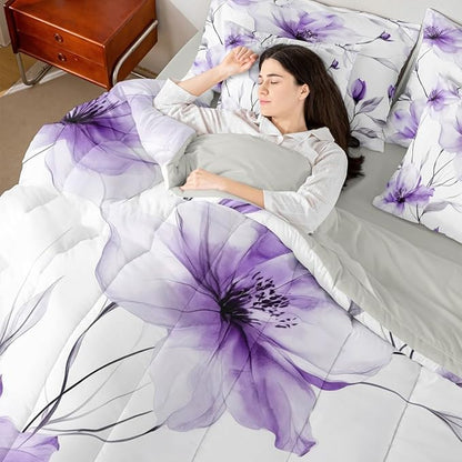 Erosebridal Bohemian Flower Twin 7 Pcs Bedding Set, Purple Floral Artistic Comforter Set with Sheets for Women, Elegant Watercolor Floral Boho Bed in A Bag, Ink Painting Style Blossom & Leaf Bed Sets