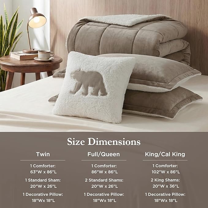 Woolrich Reversible Comforter Set Ultra Soft Plush to Sherpa, Down Alternative, Cold Weather Winter Warm Bedding, with Matching Sham, Decorative Pillow Taupe/Ivory Full/Queen 4 Piece