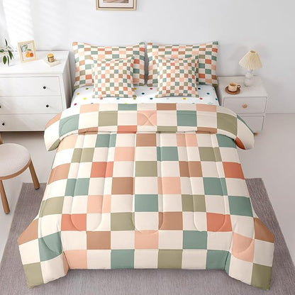 Feelyou Multicolored Checkered Retro 7 Piece Bedding Set Kids Boys Geometric Vintage Comforter Set with Sheets King Size Ivory White Colorful Bed in a Bag Modern Simple Groovy Aesthetic Room Decor