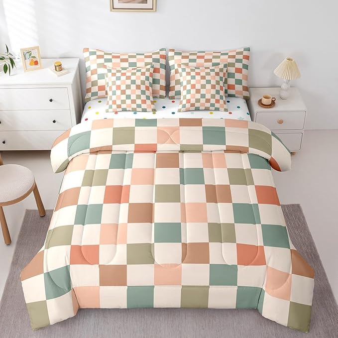 Feelyou Multicolored Checkered Retro 7 Piece Bedding Set Kids Boys Geometric Vintage Comforter Set with Sheets Full Size Ivory White Colorful Bed in a Bag Modern Simple Groovy Aesthetic Room Decor