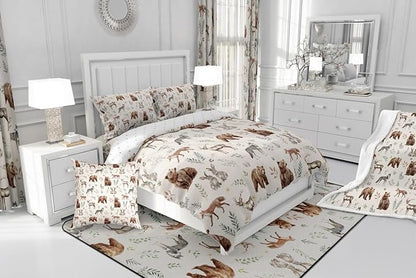 Erosebridal Woodland Animals Comforter Set Toddler Size Bear Deer Hunting Theme Bedding Set for Kids Child Bedroom | Cartoon Rabbit Wolf Fox Wildlife Duvet Insert Rustic Cabin Lodge Decor Quilt