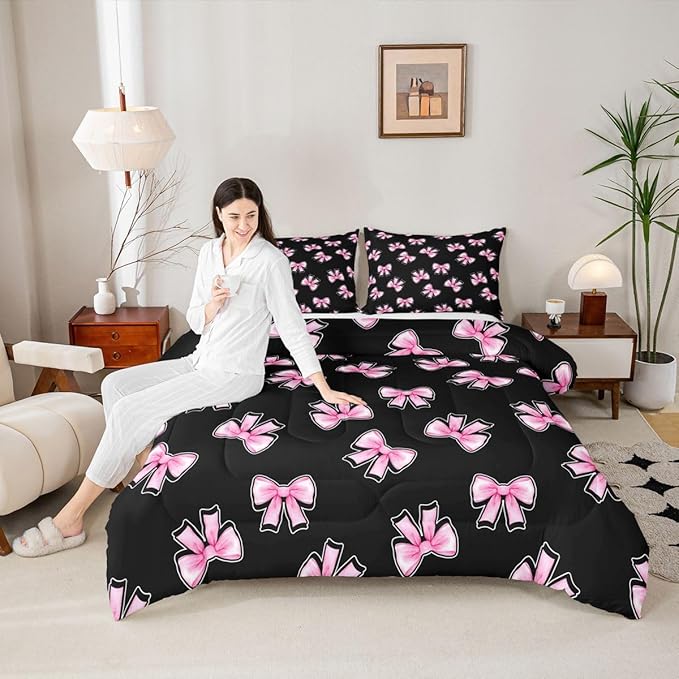 Erosebridal Coquette Bow Bedding Set Toddler for Girls Pink Bowknot Comforter Set for Kids Teen Girls Women Bedroom Black Pink Comforter Princess Trendy Aesthetic Bows Quilt Duvet