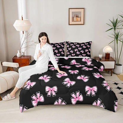 Erosebridal Coquette Bow Bedding Set Toddler for Girls Pink Bowknot Comforter Set for Kids Teen Girls Women Bedroom Black Pink Comforter Princess Trendy Aesthetic Bows Quilt Duvet