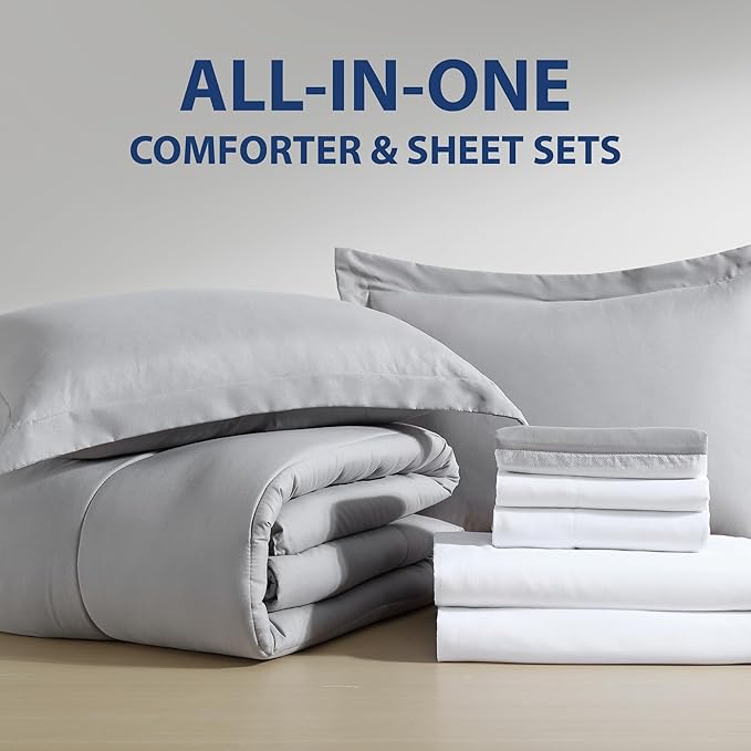 Cathay Home Basic Bedding Home Essential Ultra Soft Light Weight 6PC Wrinkle Resistant Microfiber Bed in a Bag Set (Includes Complete Sheet Set, Comforter Set & Bedskirt) - Twin, Light Gray