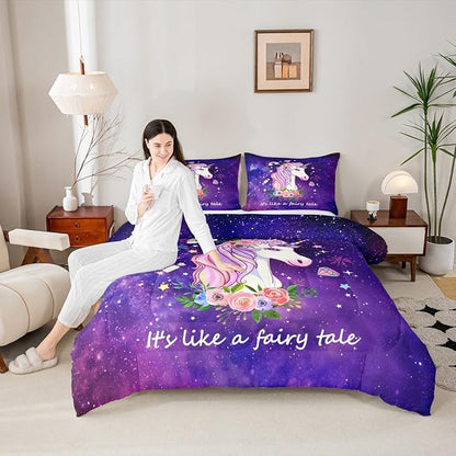 Unicorn Gifts for Girls,Kawaii Comforter Set Glitter Galaxy Bedding Set for Kids Toddler,Cartoon Magical Animal Duvet Insert Cute Horse Quilt Twin,Purple Unicorn Room Decor for Girls Bedroom