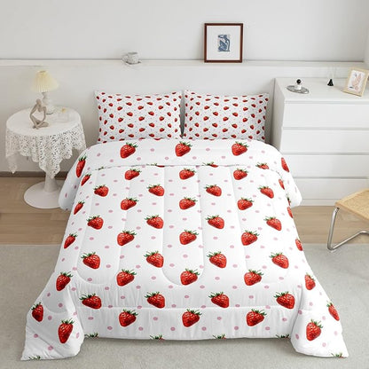 jejeloiu Sweet Strawberry Duvet Cover Toddle Size 3D Print Bedding Set for Kids Boys Girls Pink Wave Dot Comforter Cover Set Kawaii Fruit Bedspread Cover 2Pcs
