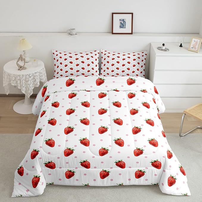 jejeloiu Sweet Strawberry Duvet Cover King Size 3D Print Bedding Set for Kids Boys Girls Pink Wave Dot Comforter Cover Set Kawaii Fruit Bedspread Cover 3Pcs