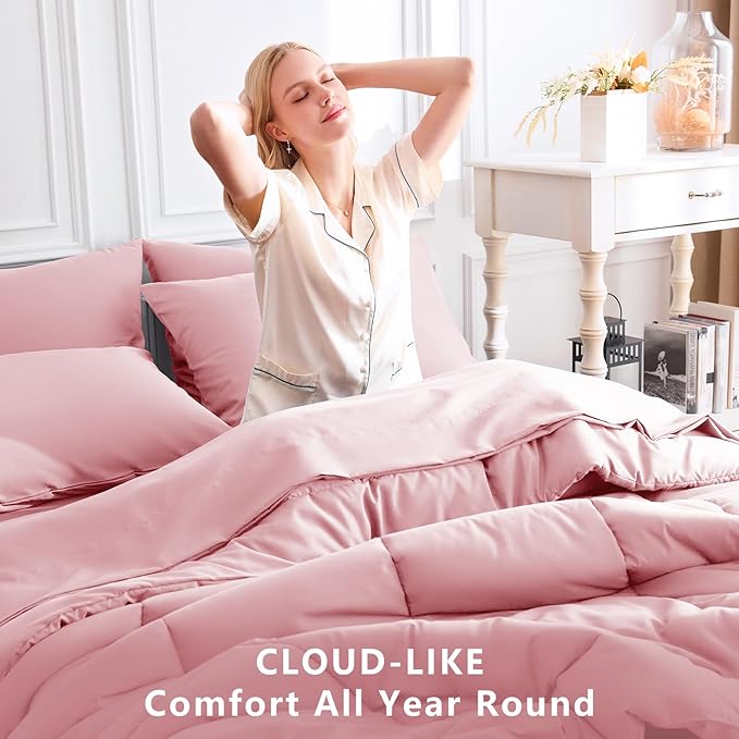 CozyLux Queen Size Comforter Sets Pink, 7 Pieces Bed in a Bag, Pink Comforter Queen Size, All Season Bedding Sets with Stitch Quilted Comforter, Flat Sheet, Fitted Sheet, Pillowcases