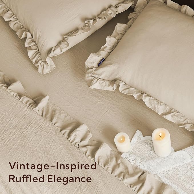 MR&HM Queen Comforter Set Linen, Comforter Set 7 Pieces for Girls Women, Shabby Chic Vintage Cottagecore Bed Sets Elegance Boho Bed in a Bag, Ultra-Soft & Fluffy Comforter for All Season