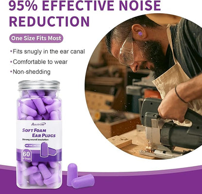 60 Pairs Soft Foam Ear Plugs, 38dB SNR Slow Rebound Ear Plugs for Sleeping Noise Cancelling, Noise Reduction, Work, Swimming, Shooting, Studying, Purple