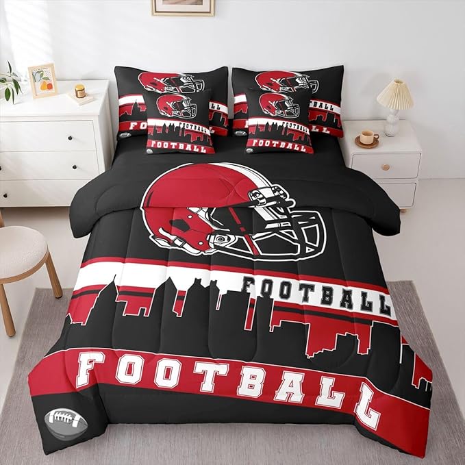 Erosebridal Football 7 Pcs Comforter Set King Football Fans Bedding for Boys Girls Football City Sheet Set Bed in A Bag Red Black Rugby Team Room Decor Sports Ball Game Duvet Insert