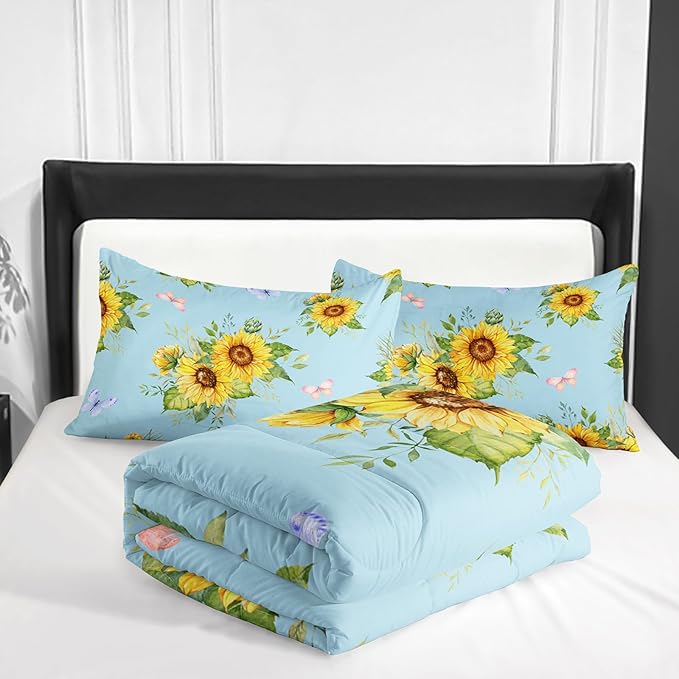 Sunflower Blue Comforter Set Queen Size for Women Adults,3 Piece Butterfly Floral Bedding Set,Microfiber Quilts with 2 Shams Soft Lightweight Quilt Room Decor,Blue