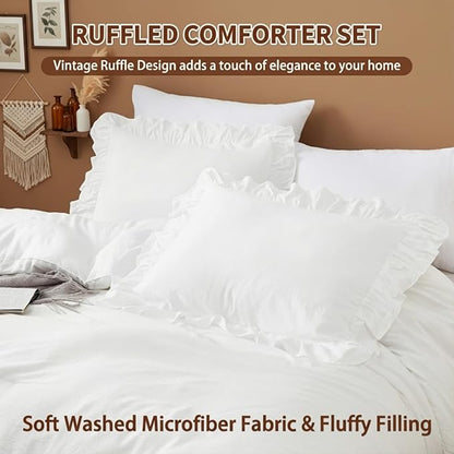 CAROMIO White Ruffled Twin Comforter Set, 2PCS Soft Washed Microfiber Lightweight & Fluffy All-Season Bedding Comforter with Vintage French Country Styles, White, 68x90 in