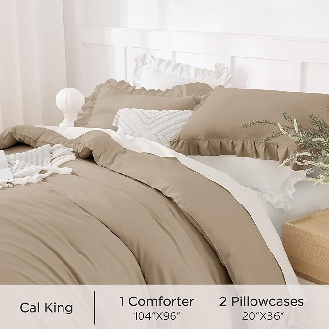Andency California King Comforter Set Taupe (104x96Inch), 3 Pieces Cal King Ruffle Comforter, Oversized Farmhouse Shabby Chic Bed Comforter, Lighteweight and Soft Microfiber Bedding Set