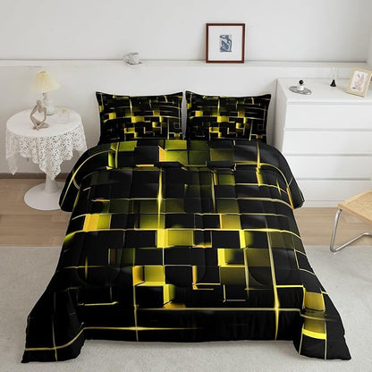 Erosebridal Yellow Black Twin Comforter Set Geometric Light Honeycomb Bedding Set for Kids Teens Adult, Decor Down Comforter Modern Style Quilt, Microfiber Lightweight All Season