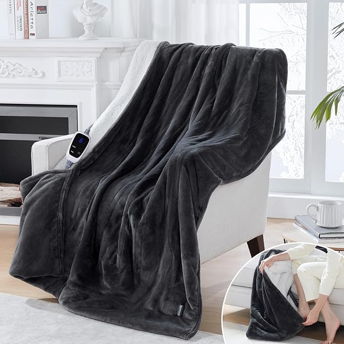 Sealy Electric Blanket with Foot Pocket for Adults, Flannel & Sherpa Heated Blanket Throw with 6 Heating Levels & 2-10 Hours Auto Shut Off, Fast Heating & Machine Washable, 50x62 Inch, Dark Grey