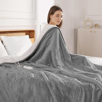 Electric Throw Blanket Heated Throw 50''x60'', Small Heated Throw Blanket for Office with Fast Heating & Overheat Protection, Silky Flannel and Sherpa Fleece Heated Blankets for Grandma Gifts (Gray)
