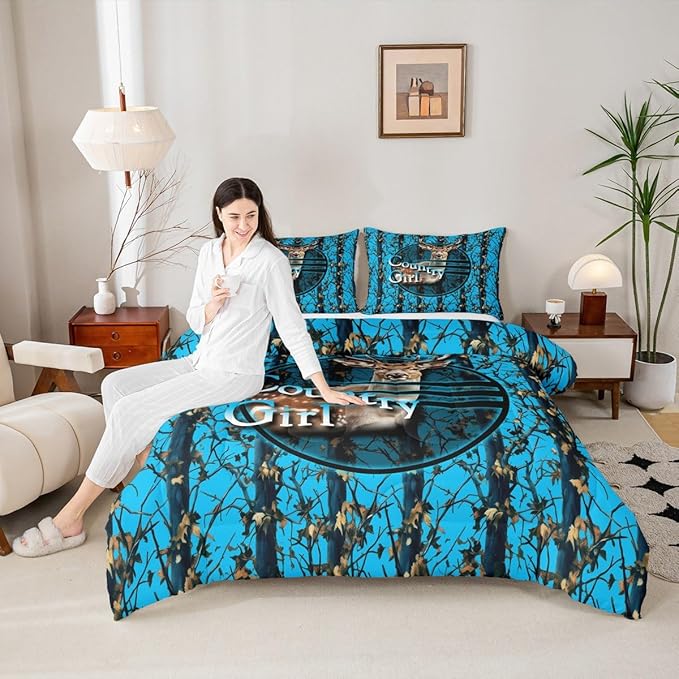 Erosebridal Deer Hunting Camo Full Comforter Set,Blue Camouflage Bedding Sets for Boys Girls Kids,Rustic Lodge Cabin Quilt Bed Set,Woodland Hunter Room Decor with 2 Pillowcases,Breathable