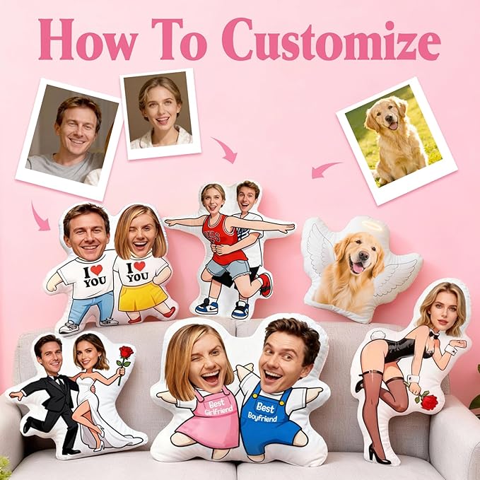 Custom Pillow with Picture & Text, Valentines Day Gifts for Boyfriend, 3D Personalized Head Face Pillows, Custom Stuffed Photo Pillow, Birthday Anniversary Funny Gift for Couple Friend Family (Body)