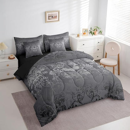 Erosebridal Gothic Damask Bed in a Bag King Size Comforter Set 7 Pieces,Halloween Bat Bedding Sets Silver Gray Victorian Floral Goth Sheet Set with Comforter