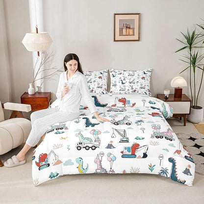 Cartoon Dino Excavator Comforter Set Twin Size, Cartoon Car Dinosaur Construction Comforter Set Kids toddler Construction Vehicles Comforter Construction Site Cars Duvet Set Microfiber Quilt Set