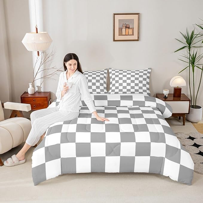 Feelyou Checkered Retro Comforter Set All Season Grey Plaid Bedding Set with 1 Pillow Cases Geometric Vintage Kids Toddler Bedclothes Modern Simple Groovy Aesthetic Bedroom Decor Duvet Quilt