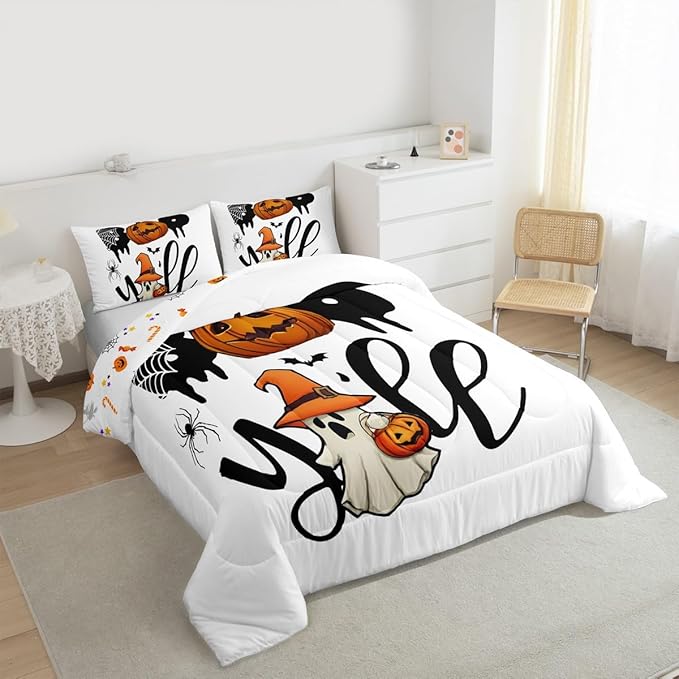 Erosebridal Halloween Boo Bedding Set Twin, Halloween Pumpkin Comforter Set, Cute Ghost with Wizard Hat Comforter, Black Bat Spider Web Quilt for Kid Boys Girls Teens Women Men Bedroom Decor
