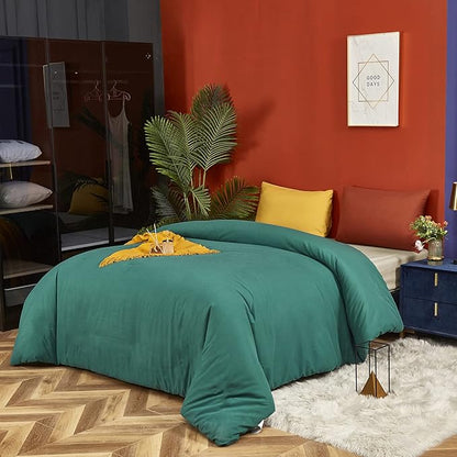 Luxlovery Emerald Green Comforter Set Queen Dark Green Bedding Comforter Set Modern Solid Forest Green Cotton Blanket Quilts Cozy Soft Breathable 1 Comforter with 2 Yellow/Caramel Pillowcases