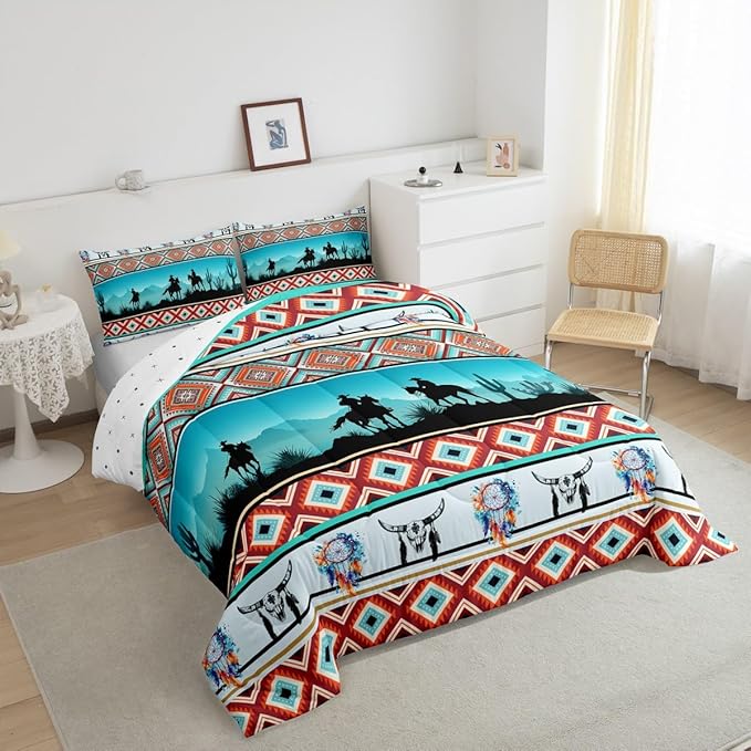 Erosebridal Horse Decor Western Comforter Set Queen,Farm Animals Quilt Indian Tribal Geometric Aztec Bedding Sets,Exotic Dream Catchers Feather Duvet Insert Farmhouse Western Home Decor,Teal