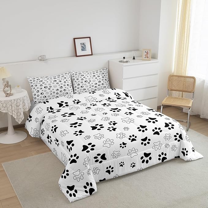 Manfei Dog Paw Print Comforter Set King Size, White and Black Animal Footprint Down Comforter, Animal Theme Bedding Set for Kids Boys Girls Room Decor, Lightweight Duvet Insert,2 Pillowcases