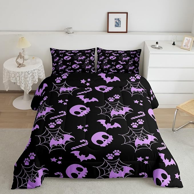 Erosebridal Cute Purple Halloween King Bedding Set Spider Web Skull Bat Comforter Set Spooky Goth Gothic Animal Bed Collections Horror Halloween Duvet Quilt Sets for Kids Teens Adults