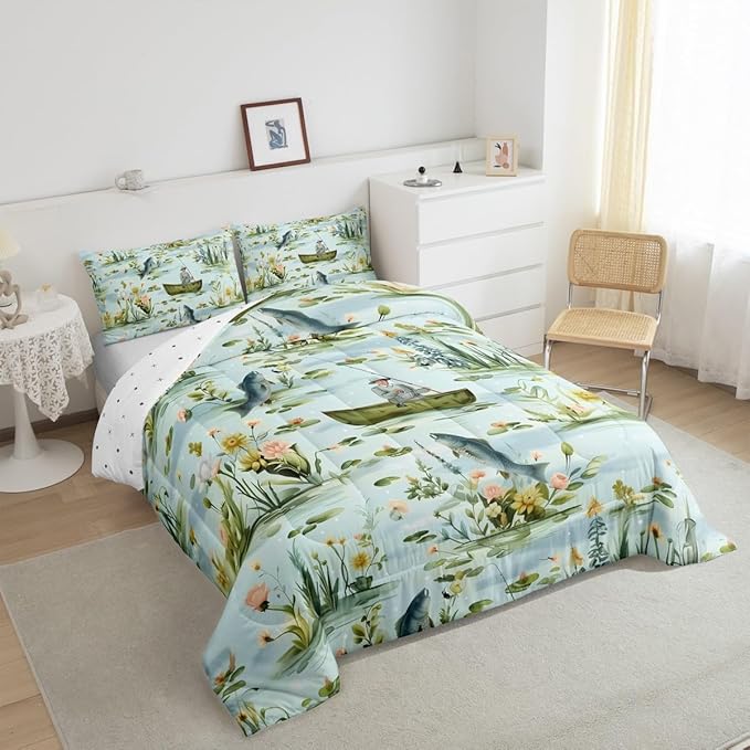 Erosebridal Fishing King Comforter Set,Fisherman and Fish Bedding Sets for Kids Boys Men,Big Pike Bass Fish Quilt Bed Set,Rustic Lake House Flower Bedroom Decor,2 Pillowcases Breathable