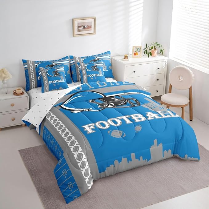 Feelyou Football 7 Pieces Comforter Sets Full Size Rugby Sports Bedding Set for All Season Football City Bed in a Bag with Comforter, Sheets, Pillowcases & Cushion Cover