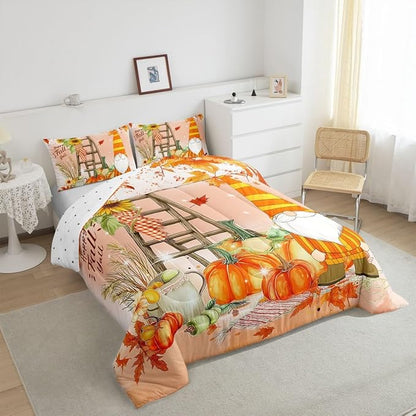 Fall Gnomes Comforter Set Full Fall Thanksgiving Pumpkin Bedding Set For Girls Teen Women Rustic Farm Autumn Harvest Decor Comforter Sunflower Maple Leaf Quilted Duvet Orange Red Fall Bedroom Decor