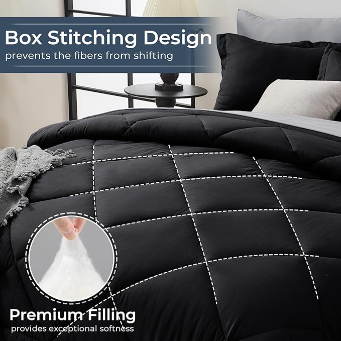 HEVUMYI Twin Comforter Set - 5-Piece All Season Bed in a Bag Twin, Ultra Soft Bedding Set with Comforter, Flat Sheet, Fitted Sheet, Pillowcases, Pillow Shams, Black & Light Grey