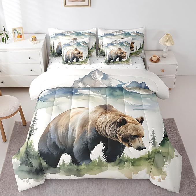 Erosebridal Rustic Bear King Bedding Set, Wild Woodland Animal Bed in A Bag,Bear Hunting Comforter Sets with Sheets, Watercolor Animal Theme 7 Pieces Bed Set Bedroom Decor
